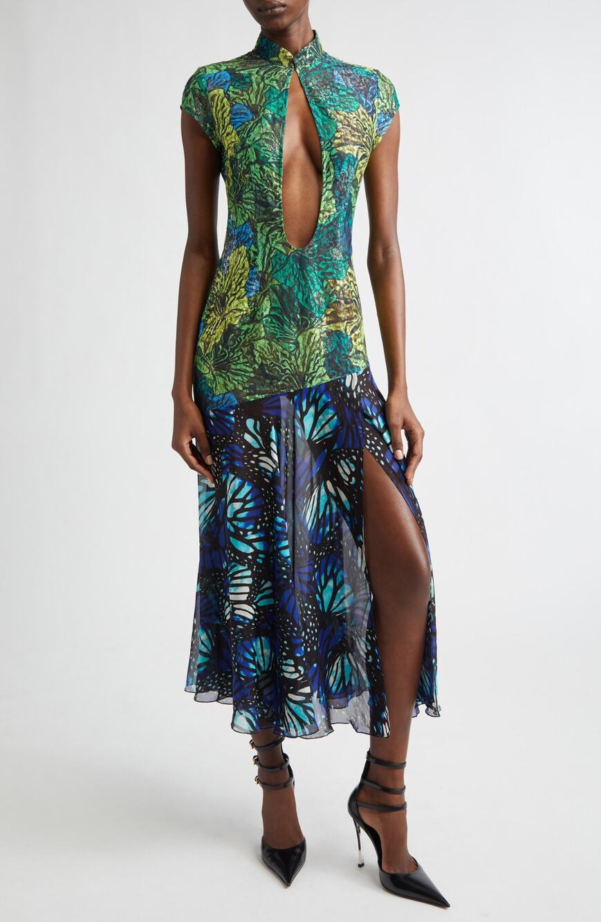 Kim Shui Butterfly Print Lace Silk Chiffon Plunge Neck Dress